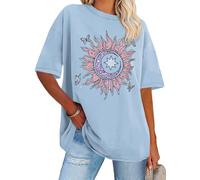 Womens Oversized Tshirt Graphic Tees Crew Neck Summer Short Sleeve Loose Fit Tops, Blue Sun Moon Butterfly, M