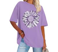 Womens Oversized Tshirt Graphic Tees Crew Neck Summer Short Sleeve Tops, Purple Sunflower, M