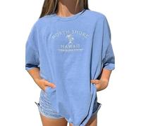 Womens Oversized Vintage Embroidered Graphic Tshirts Short Sleeve Baggy Tee Shirts Teen Preppy Coastal Summer Tops (Deep Blue, L)