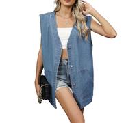 Women's Oversized Washed Denim Vest V Neck Sleeveless Mid Long Jean Vest Jacket with Pockets