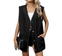 Women's Oversized Washed Denim Vest V Neck Sleeveless Mid Long Jean Vest Jacket with Pockets