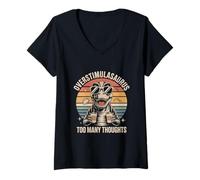 Women's Overstimulasaurus Too Many Thoughts Retro Dino V-Neck T-Shirt