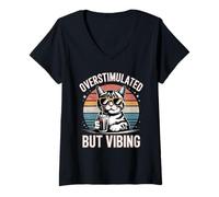 Women's Overstimulated But Vibing Retro Cat V-Neck T-Shirt