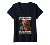 Womens Overthinker Overfeeler Skeleton Burning Brain Beating Heart V-Neck T-Shirt