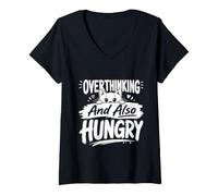 Women's Overthinking and Also Hungry Peeking Cat Lover Tee V-Neck T-Shirt