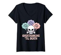 Womens Overthinking ‘Til Death Skull Thought Spiral V-Neck T-Shirt