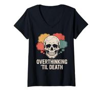 Womens Overthinking ‘Til Death Skull Thought Spiral V-Neck T-Shirt