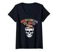 Womens Overthinking ‘Til Death Skull Thought Spiral V-Neck T-Shirt