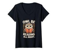 Womens Owl Be Reading All Night Night Owl Book Lover V-Neck T-Shirt