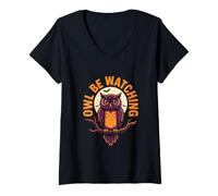 Women's Owl Be Watching Spooky Halloween Full Moon V-Neck T-Shirt