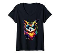 Womens Owl Colorful Rainbow Colors Owl Pop Art Cute Owls V-Neck T-Shirt