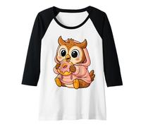 Womens Owl Eating Donut Graphic Owl Kawaii Anime Raglan Baseball Tee