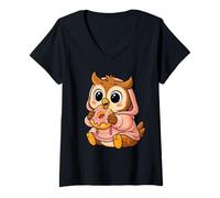 Women's Owl Eating Donut Graphic Owl Kawaii Anime V-Neck T-Shirt