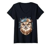 Women's Owl Flower Portrait Botanical Animal Art V-Neck T-Shirt