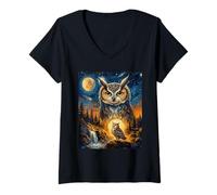 Women's Owl Howling to The Moon V-Neck T-Shirt