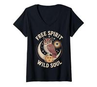 Womens Owl Moon Sun Stars Mystic Nature Magic Boho Vibes V-Neck T-Shirt