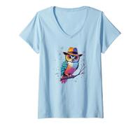Women's Owl Multicolored with A Fedora Sitting on Tree Limb Fun V-Neck T-Shirt