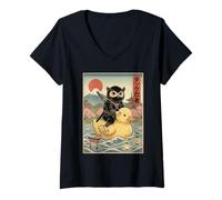 Women's Owl Ninja Japan Vintage Japanese Ukiyo-e Art V-Neck T-Shirt