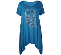 Womens Owl Printed Ladies Stretch Round Neckline Sequin Stud Uneven Hanky Hem Long Swing T-Shirt Top Plus Size Teal 18