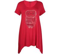 Womens Owl Printed Ladies Stretch Round Neckline Sequin Stud Uneven Hanky Hem Long Swing T-Shirt Top Plus Size Red 22-24