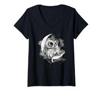 Women's Owl Sitting on the Moon V-Neck T-Shirt