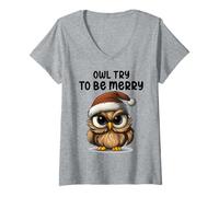 Womens Owl Try to Be Merry Funny Christmas V-Neck T-Shirt