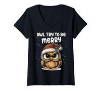 Womens Owl Try to Be Merry Funny Christmas V-Neck T-Shirt