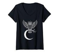 Womens Owl Wisdom of The Night Flapping Wings Branch V-Neck T-Shirt