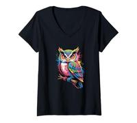 Womens Owls Colorful Owl Bird Animal Nature Artful Creative V-Neck T-Shirt