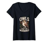 Womens Owls Don't Do Mornings Retro Style V-Neck T-Shirt