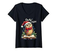 Womens Owly Night Christmas Owl Snowflakes Bible Christian Religion V-Neck T-Shirt