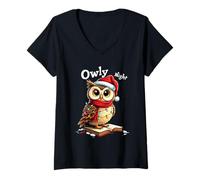 Womens Owly Night Christmas Owl Snowflakes Bible Christian Religion V-Neck T-Shirt