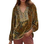 Womens p rty Top Womens V Neck Floral Print Velvet Shirt Casual Long Sleeve Top Blouse Oversized Boho Embroidered Tunic Shirts Womens Long T Shirt