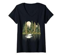 Women's Pacific Northwest Forest Moon Reflection Wilderness Mountain V-Neck T-Shirt