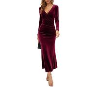 Women's Package Hip Skirt V-Neck Slim Business Mid-Waist Long-Sleeved Velvet Fishtail Dress Evening Dress Burgundy