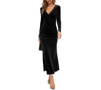 Women's Package Hip Skirt V-Neck Slim Business Mid-Waist Long-Sleeved Velvet Fishtail Dress Evening Dress Black