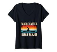 Women's Paddle Faster I Hear Banjos Funny Kayaking V-Neck T-Shirt
