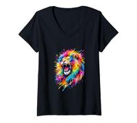 Women's Painted Watercolour Roaring Pride Lion V-Neck T-Shirt