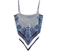 Women's Paisley Print Tie Back French Knot Hanky Hem Spaghetti Straps Handkerchief Cami Bandana Tube Crop Top, Navy, Medium