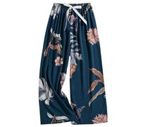Women's Pajama Bottoms Summer Soft Wide Leg Lounge Pants Vintage Ethnic Style Floral Printed Cropped Trousers Nightwear Comfy Pj Bottoms Elasticated Waist Sleep Pants for All Seasons One Size