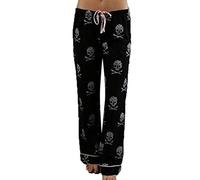 Women's Pajama Lounge Pants Skull Print Drawstring Comfy Casual Stretch Palazzo Bottoms Pants Wide Leg Black