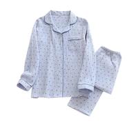 Women's Pajama Set Cherry Print Double Layer Gauze, Long Sleeve Button Down Collar Top & Pants, Soft Cotton Loungewear Sleepwear for Spring & Autumn Blue