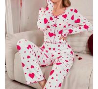 Women's Pajama Set, Heart Print Home Wear, Casual Suit Love Pajamas And Long Pants Set Soft Pajamas(L Is red)