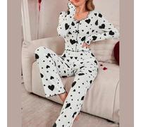Women's Pajama Set, Heart Print Home Wear, Casual Suit Love Pajamas And Long Pants Set Soft Pajamas(M Is black)