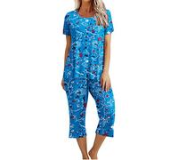 Womens Pajama Set Short Sleeve Round Neck T-Shirts Wide Leg Pants Cropped Trousers with Pockets Floral Patten Print Suits Ladies Nightwear Sleepwear Loungewear Pyjama Comfy Soft Casual Pjs