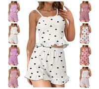 Women's Pajama Sets Ribbed Sleeveless Crop Pleated Slim Fit Cotton Cute Pajamas Graphic Print Shorts Summer Comfortable Sleep Sets for Women Beige