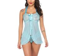 Women's Pajamas Lace Perspective Sexy Clothing Sex Fashion Halterneck Erotic Lingerie F-Light Blue L