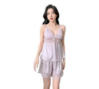 Women'S Pajamas Set - Elegant Women Ice-Silk Sleeveless Tops With Shorts Two Piece Sexy Sleepwear Lace V-Neck Fashion Simple Home Clothes Nightshirt