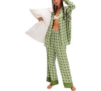 Women's Pajamas Set Feather Decoration Long Sleeve Button Down Lapel Collar Tops and Pants Sleepwear Set (X-Green, M)