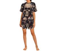 Womens Pajamas Set Short Sleeve Top With Shorts Pajama, Cool Skull Graphics Printed Two Piece Pj Sets, Soft Breathable Summer Sleepwear Nightwear Loungewear Lightweight With Pockets